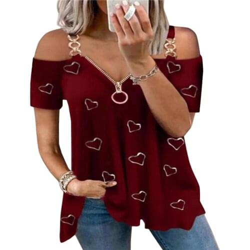 Summer t-shirt Women New 2021 Sexy low-cut Zipper Solid Color Simple off-shoulder short-sleeved Tee Femme