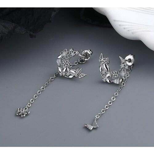 Luckydays New 2021 Butterfly Flower Moon Chain Tassel Earring Women Asymmetry Jewelry Elegant Party Accessories Gift