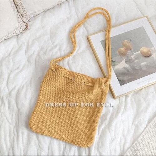 New Solid Color Knitted Wool Handbags Retro Drawstring Crossbody Bags Casual Laziness-Style Daily Travel Shoulder Womens Bag