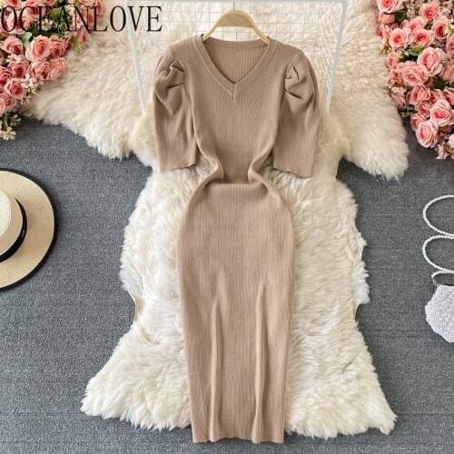 OCEANLOVE Robe Femme Knitted Stretch Vintage Summer Solid Puff Sleeve Hitgh Waist Woman Dresses 2021 V Neck Sexy Vestidos