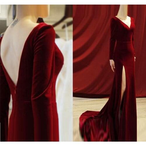 Платье Burgundy Muslim Evening Dresses Mermaid V-neck Long Sleeves Velvet Islamic Dubai Saudi Arabic Long Elegant Evening Gown