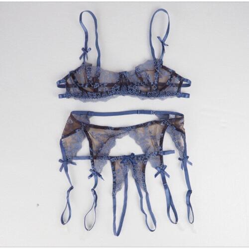 Transparent Lace Bra Super Sexy Underwear Set Open-backed Pants Garter Set Of Three 1111
