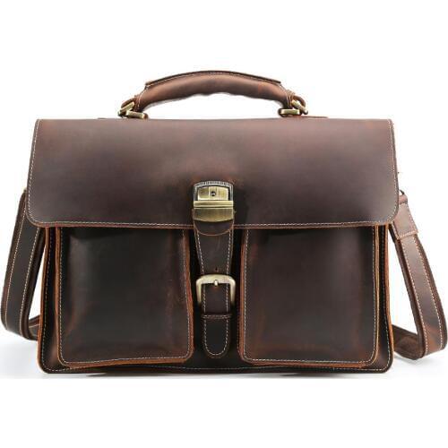 Luxury Mens Thick Leather 16" Laptop Bags Briefcase Business Office Case Tote Vintage Satchel Messenger Shoulder Bag Brown Hot