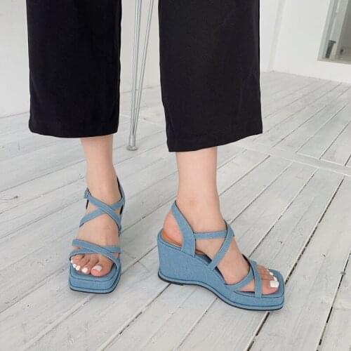 New Fashion Denim Narrow Band Gladiator Women Sandals Wedges High Heel Pumps Shoes Cross Strap Summer Outdoor Open Toe Slides