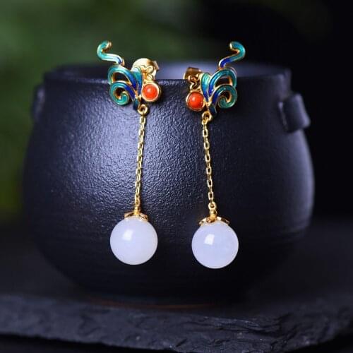S925 Sterling Silver Eardrops White Jade Ancient Style Chinese Style Super Fairy Court Earrings Retro Temperament Cloisonne Craf