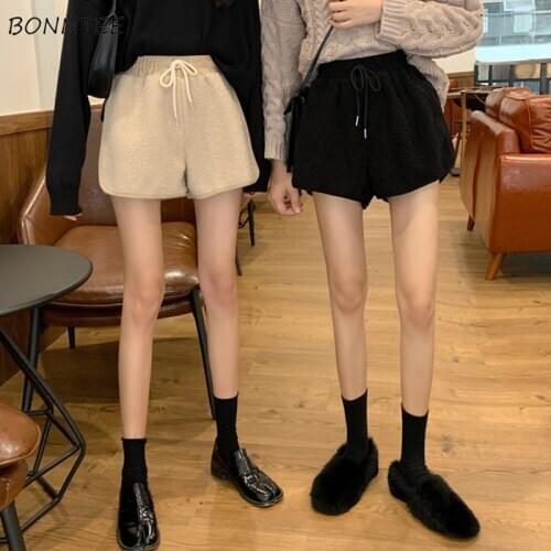 Shorts Women Winter Drawstring Wide Leg Lambswool Trousers Casual Warm Korean Style Girls Chic High Waist All-match Female New