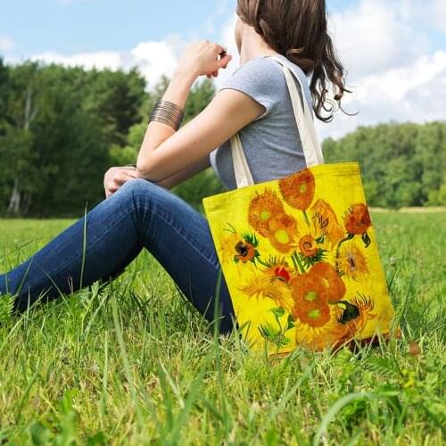Women Fashion Van Gogh Graphic Shopping Bag Women Canvas Environmental Protection Large Capacity Shopping Bag