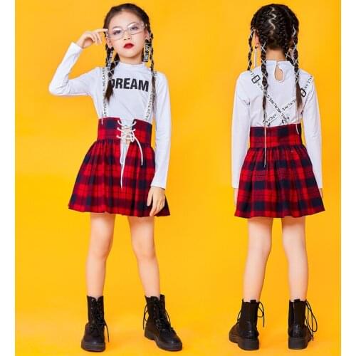 Girls Cheerleader Jazz Dance Costume Long Sleeves Sweatshirts Red Plaid Skirt Kids Hip Hop Clothing Ballroom Dance Wear DNV15152