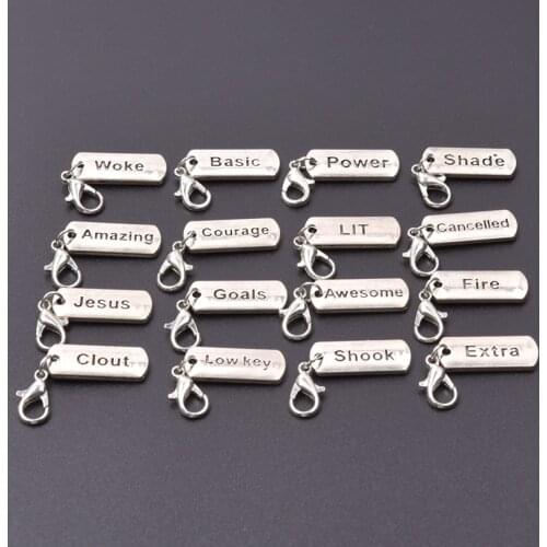 16pcs Mix Word Tags With Lobster Clasp Charms For Jewelry Making Supplies Handmade Alloy Pendant Power Fire Amazing Accessories