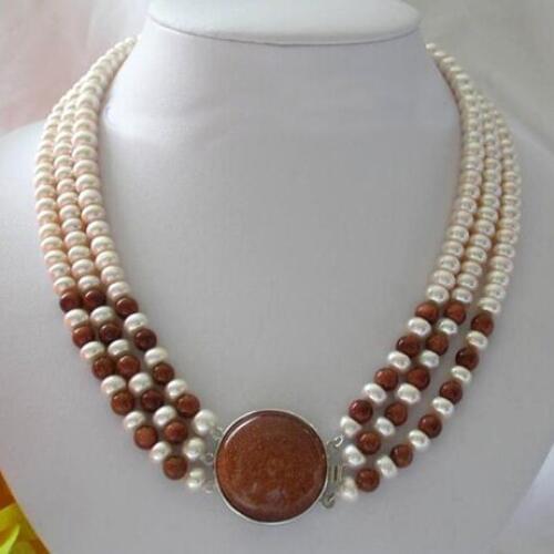 Pearl Necklace,Classic 3 Rows 7-8mm Round White Freshwater Pearls Aga-te Necklace,Perfect Women Chirtstmas Gift Jewellery