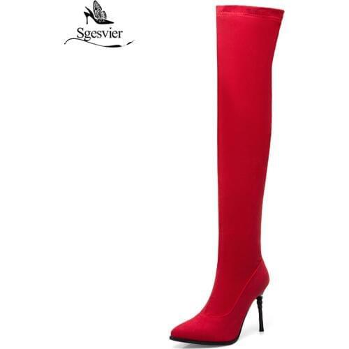 Sgesvier Plus Size 31-50 Women Fashion Elastic Boots Winter Thin High Heel Long Boot Shoes Ladies Over Knee-High Boots OX647