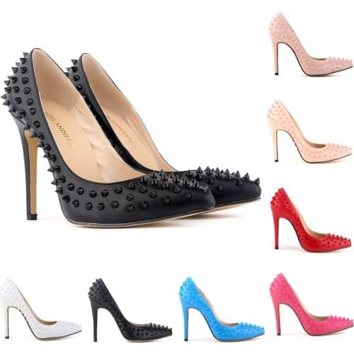 Yellow Full Spikes Women Pointy Toe Stiletto High Heels Size 33-45 Punk Rivets Slip on Pumps Sexy Ladies Party Shoes