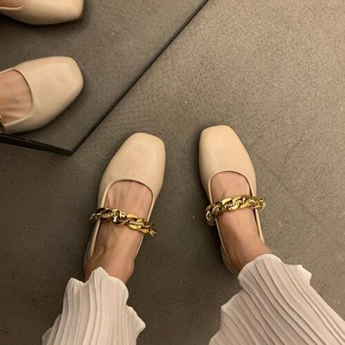 Women Flats Square Toe Mary Janes Shoes Metal Boat Shoes Leather Ballet Flats Shallow Single Shoe For Woman Autumn Spring 9328G