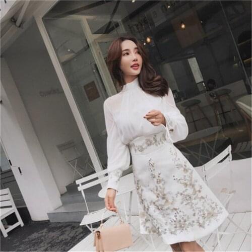 Runway 2020 Autumn Women Elegant Bowknot Collar See Through Chiffon Blouse Shirt+Luxurious Embroidery Nail Bead A Type Skirt Set