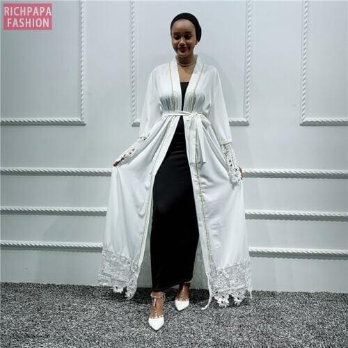 Women White Abaya Kimono Kaftan Dubai Muslim Dress Cardigan Ramadan Islamic Clothing Robe Musulmane Femme Turkey Arabes Mujer