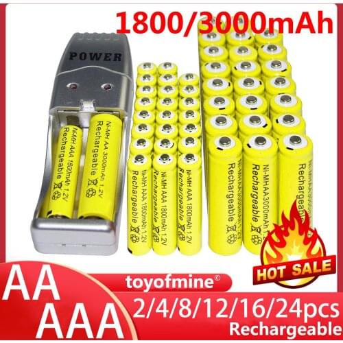 2/4/8/12/16/24pcs AA 3000mAh + AAA 1800mAh Rechargeable Battery 1.2V Yellow + USB Battery Charger