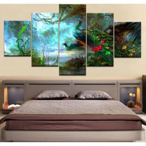 5 Panel/piece HD Print Two peacock in forest modern wall posters Canvas Art Painting For home living room decoration
