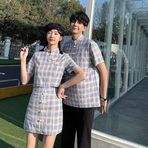 【6023#】You and I dress matching dress 2021 new retro short-sleeved suit with button couples clothes couples clothing
