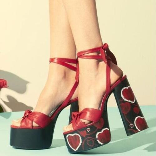 Sexy Knotted Platform Sandals Ultra High Heels Black Suede Women Square Heel Sandals Peep Toe Platform Lace-up Woman Shoes