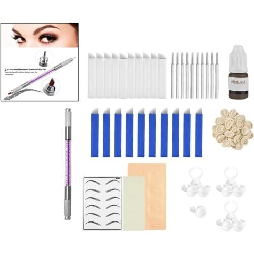 Eyebrow Permanent Tattoo Practice Kit Pen Needle Pigment Ink Practise Skin Tool Ring Cup Disposable Finger Cot