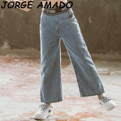Girls Jeans Number Print High Waist Loose Pants Denim Wide Leg Pants Trousers Children Clothes 4-12Y KZ1007