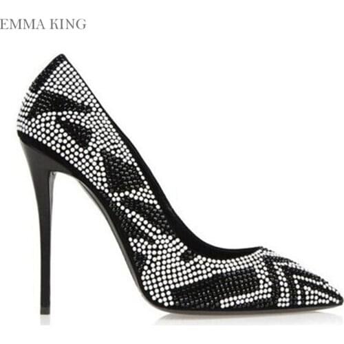 EMMA KING Pointed Toe Sexy Thin High Heels Female Sandals Pumps Slip-On Wedding Party Crystal Flock Shoes Plus Size 43 Autumn
