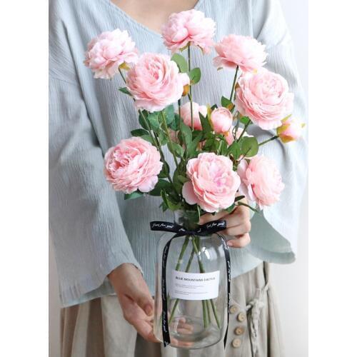Simulation Peony Bouquet Artificial Plastic Flower Transparent Glass Bottle Home Living Room Bedroom Desk Decoration