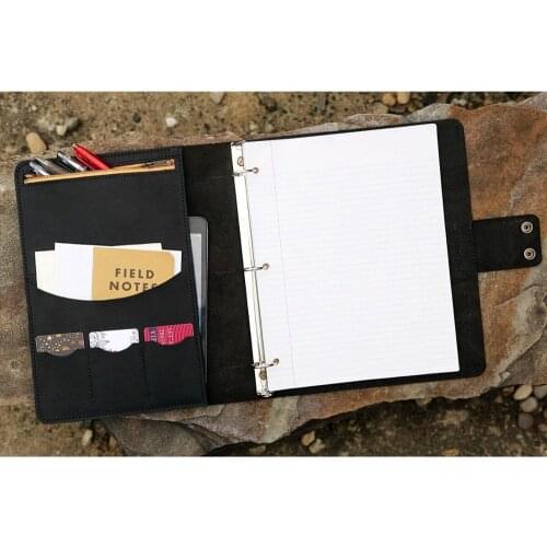 All black handmade leather 3 ring organizer with board , 8.5 x 11 letter size leather 3 ring organizer business folio binder