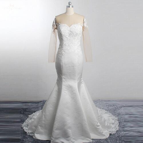 RSW1487 2019 Illusion Long Sleeves Lace Mermaid Robe Mariee Satin Wedding Dress