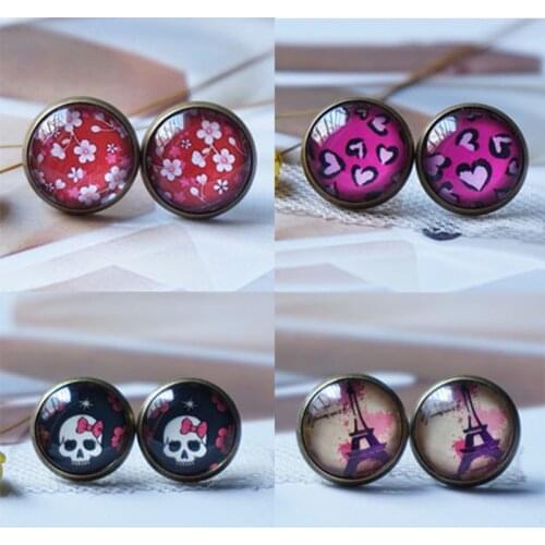 Snowflake Tower Leopard Cute Earring For Woman Girl Vintage Glass Cabochon Earring Bee Lovely Stud Earrings 2020 New Year Gifts