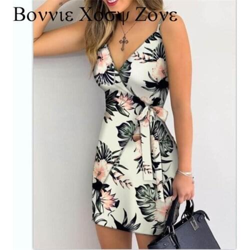 Spaghetti Strap V-Neck Tropical Print Tied Detail Wrap Mini Dress Chic Summer Dresses For Women 2021