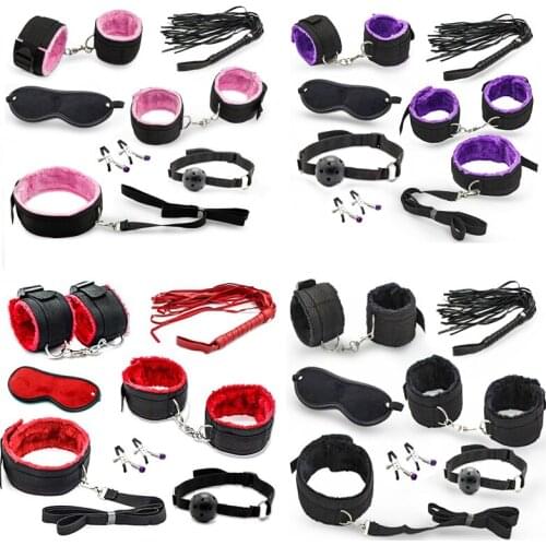7pcs/set for Woman Nylon SM Bondage Kit Sexy Handcuffs Ankle Cuffs Whip Rope Eye Mask Blindfold Erotic Sex Toys for Couples