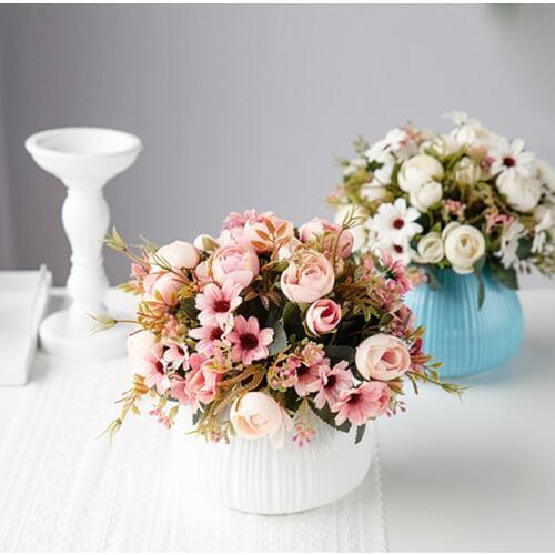 Autumn Fake Tea Rose Silk Flower Bouquet Daisy Artificial Flower for Wedding Home Christmas Decoration Diy Handmade Accessories