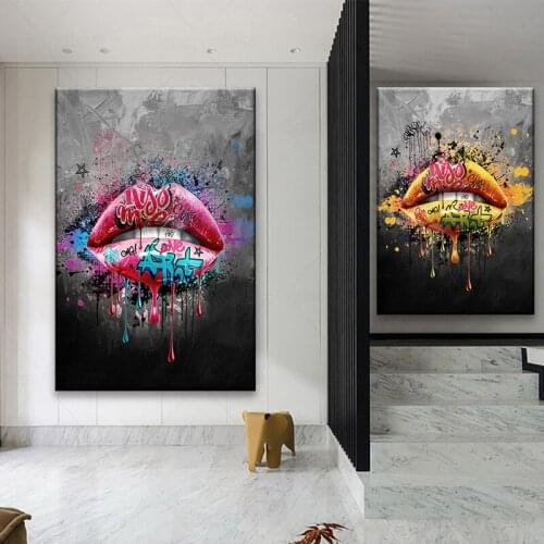 Pop Street Graffiti Art Girl Sexy Lips Canvas Painting Wall Art Posters Prints Wall Pictures for Bedroom Home Wall Cuadros Decor