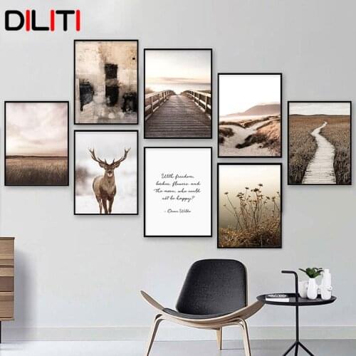 Nature Forest Field Landscape Canvas Painting Scandinavian Grass Poster Elk Print Photography Wall Art Picture Home Decor