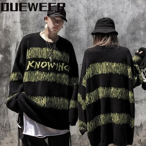 Dueweer Hip Hop Radio Wave Printed Sweaters Men Women Green Striped Pullovers Harajuku Round Neck Knit Sweater Pullover