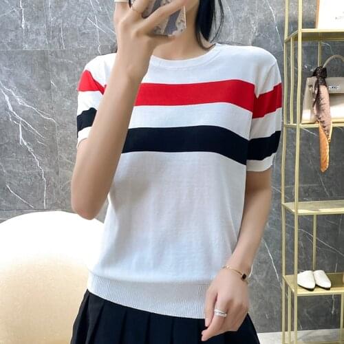 Ice silk striped knit sweater womens summer thin section all-match thin western style tb style knitted short-sleeved top T-shir