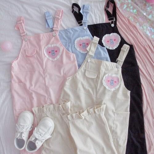 Japanese Kawaii Casual Jumpsuit Women Corduroy Overalls Girls Harajuku Cute Rabbit Pink Cargo Pants Black High Waist Rompers