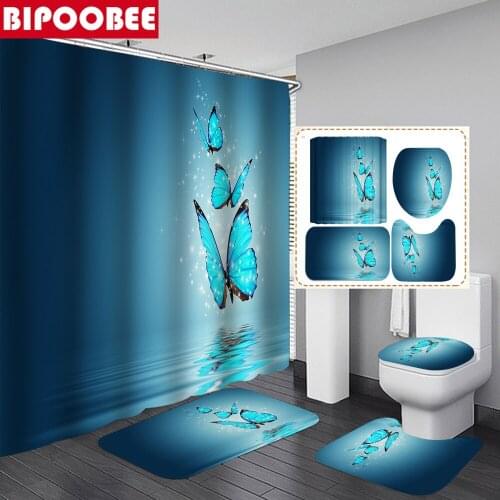 Blue Butterfly Reflection Print Shower Curtain Waterproof Fabric Bathroom Curtains Partition Soft Bath Mat Set Toilet Lid Cover