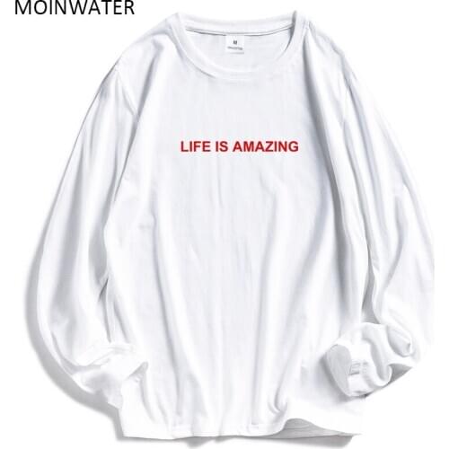 MOINWATER Women Letter Pattern Long Sleeve T-shirts Lady White Cotton Tops Female Fashion Pattern Tees Lady Black Tops MLT2011