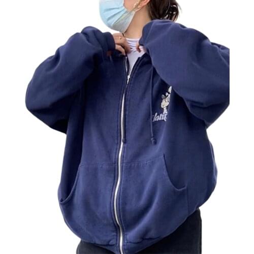 Womens Sweatshirt Zip Up Hoodies,Autumn Fashion Casual Stylish Cartoon Letter Embroidery Long Sleeve Oversized Cardigan