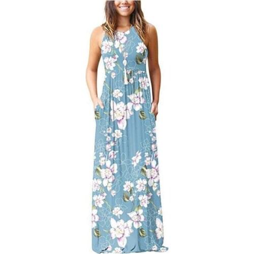 Plus size 2xl summer women maxi dress Casual sleeveless printed long dresses with pocket burgundy black blue women dress 2020