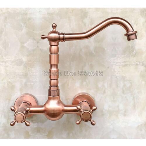 Antique Red Copper Swivel Spout Kitchen Sink Dual Handles Mixer Tap / 2 Hole Wall Mounted Vessel Sink Faucet Wrg031
