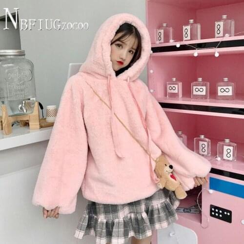White Pink Drawstring Hooded Fluff Women Sweatshirts Warm Female Sweatshirt
