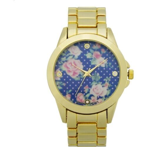 Fashion Ladies Clock Reloj Mujer New Vintage Women Floral Print Dial Gold Bracelet Quartz Watch