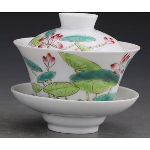 Antique Hand Painted Pastel Lotus Pattern Covered-bowl Kungfu Tea Set Tea Tasting Antique Porcelain