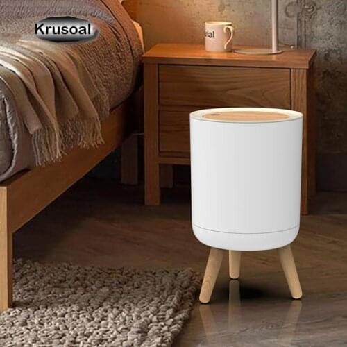High Foot Imitation Wood Trash Can Large Diameter Desktop Press Type Mini Dustbin Bedroom Bathroom Kitchen Trash Can Accessories