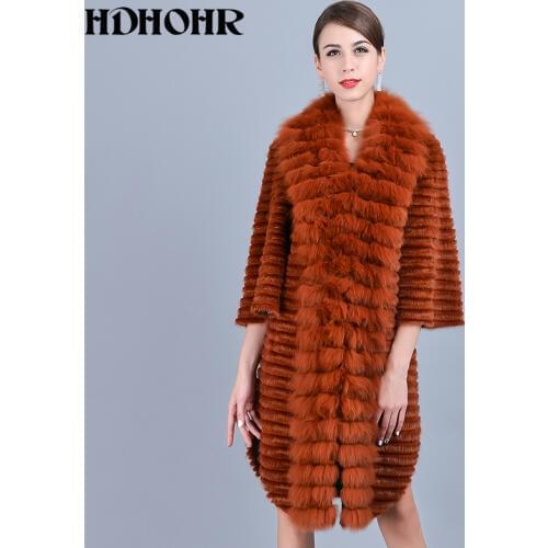 HDHOHR 2020 Fashion Real Mink Fur Coat Women Natural Fox Fur Coat High Quality Fox Fur Collar Jacket Two Color Fashion Fur Coat