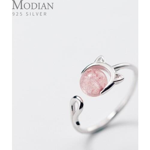 Modian Pink Crystal Cute Cat Face Open Adjustable Ring for Women Fashion Sterling Silver 925 Animal Ring Fine Jewelry Bijoux