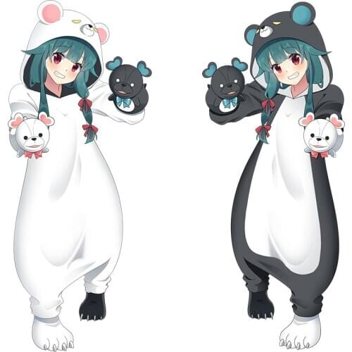 Kuma Kuma Kuma Bear Cosplay Black White Bear Double Fleece Onesies Jumpsuit Costume Pyjamas Sleepwear Bathrobe Rompers
